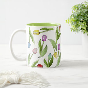 Moderne farbenfrohe Tulpen-Botanik-Blumenmuster Zweifarbige Tasse