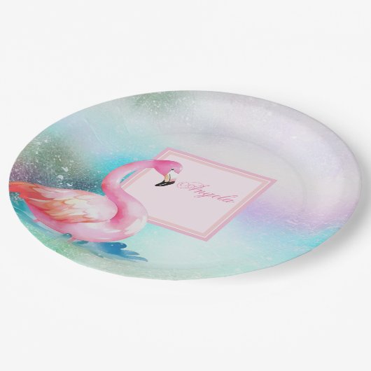 Moderne, farbenfrohe und ansprechende Flamingos Pappteller (Schrägansicht)