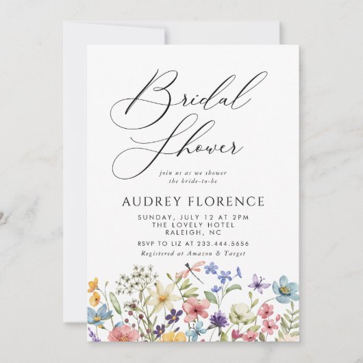 Moderne farbenfrohe Wildblume Blumenkohl Brautpart Einladung (Vorderseite)