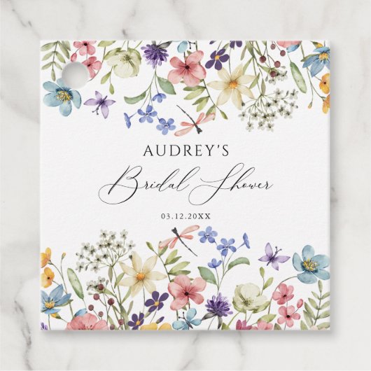 Moderne farbenfrohe Wildblume Blumenkohl Brautpart Geschenkanhänger (Vorderseite)