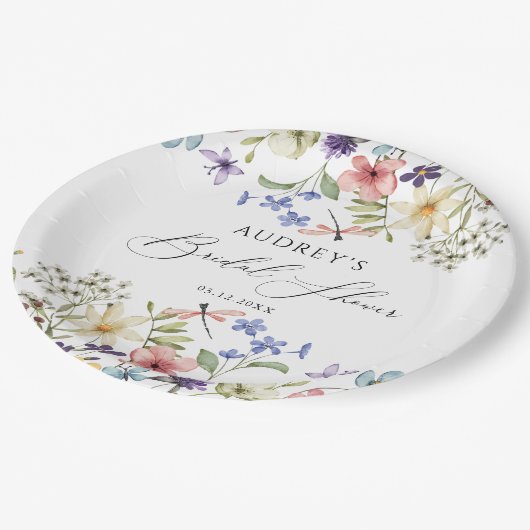 Moderne farbenfrohe Wildblume Blumenkohl Brautpart Pappteller (Schrägansicht)