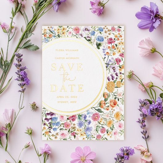 Moderne farbenfrohe Wildblume Hochzeit retten das Folieneinladung