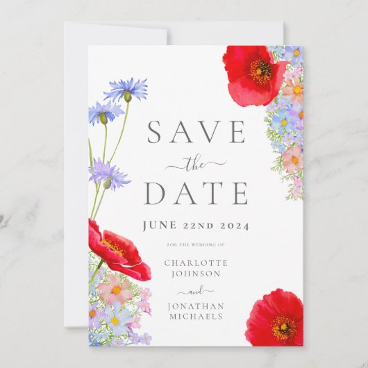 Moderne farbenfrohe Wildblume Hochzeit Save The Date (Vorderseite)