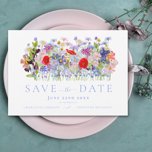 Moderne farbenfrohe Wildblume Hochzeit Save The Date