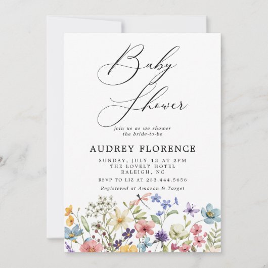 Moderne farbenfrohe Wildblumen Blumenspülung Einladung (Vorderseite)