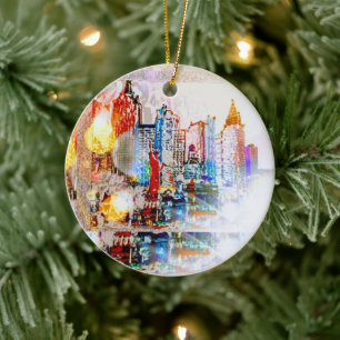 Moderne farbige Aquarellfarbe NYC Ball Weihnachten Keramik Ornament