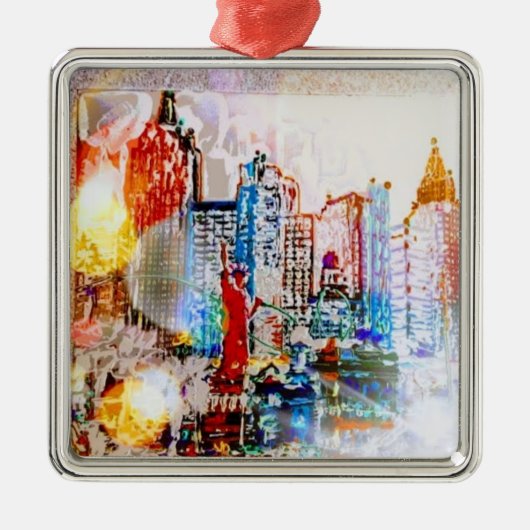 Moderne, farbige Aquarellfarbe NYC Ornament Aus Metall (Vorne)
