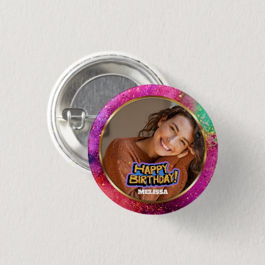 Moderne Farbige Glitter-Foto-Name-Birthday Button (Vorne & Hinten)