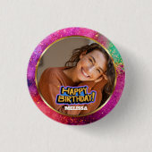Moderne Farbige Glitter-Foto-Name-Birthday Button (Vorderseite)