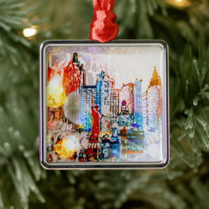 Moderne, farbige Wasserfarbe NYC Ornament Aus Metall
