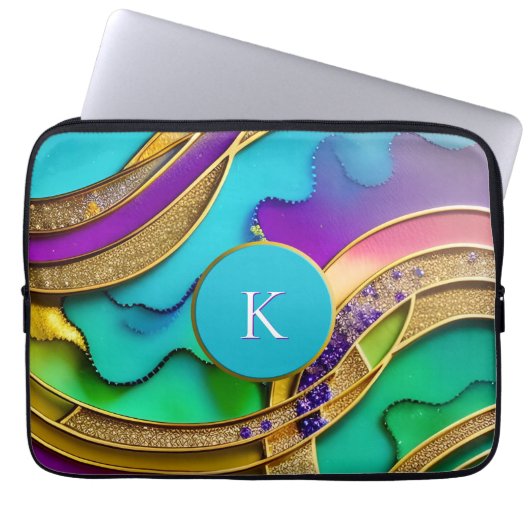 Moderne Farbschmuck Abstrakt & Gold Monogram Laptopschutzhülle (Vorderseite)