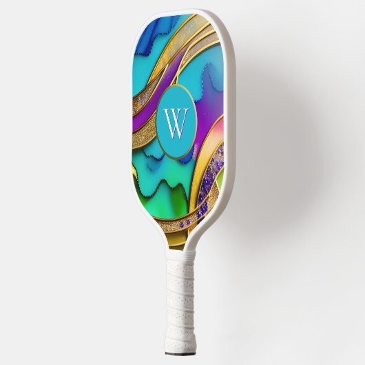 Moderne Farbschmuck Abstrakt & Gold Monogram Pickleball Schläger (Links)