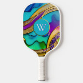 Moderne Farbschmuck Abstrakt & Gold Monogram Pickleball Schläger (Vorderseite)