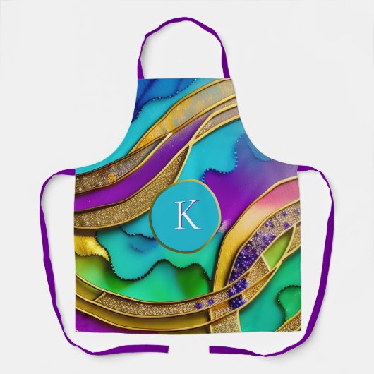 Moderne Farbschmuck Abstrakt & Gold Monogram Schürze (Vorderseite)