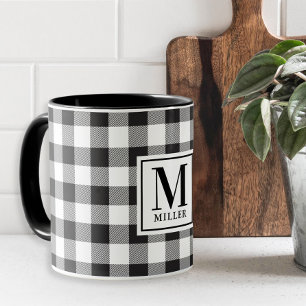 Moderne Farmhaus-Schwarz Büffel-Karo monogrammiert Tasse