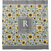Moderne Farmhaus-Sonnenblumen-Monogramm-Gingham Duschvorhang (Vorderseite)