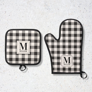 Moderne Farmhouse-Schwarz Büffel-Karo-Monogramm Ofenhandschuh & Topflappen-Set