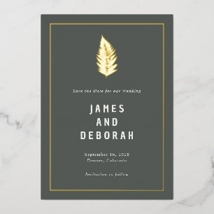 Moderne Farne Waldhochzeit Gold Save the Date Folieneinladung