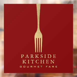 Moderne Faux-Gold-Gabel Restaurant-Logo auf Rot Fensteraufkleber