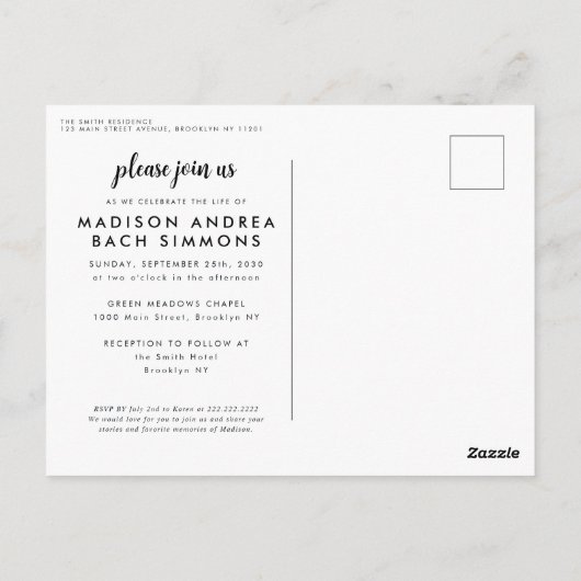 Moderne Feier zum Leben Einfaches Foto Beerdigung Postkarte (Rückseite)