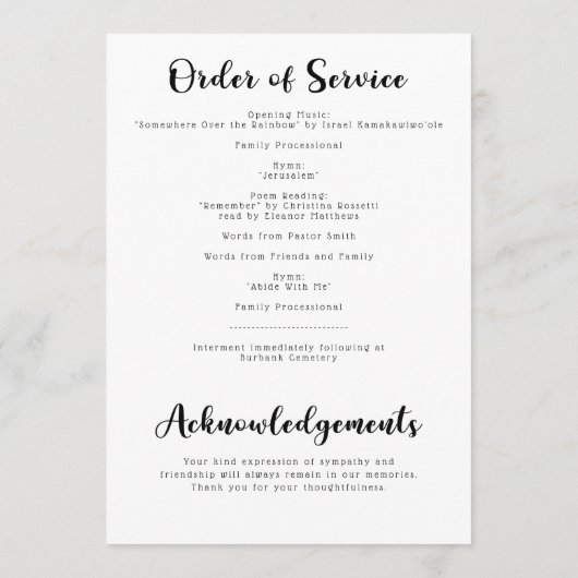 Moderne Feiern des Programms "Leben der Beerdigung Programm (Rückseite)