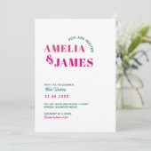 moderne, feine, funky, dunkelgrüne und rosa Hochze Einladung (Stehend Vorderseite)