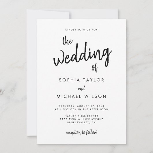 Moderne, feine Schrift Schwarz und Weiß Hochzeit Einladung (Vorderseite)