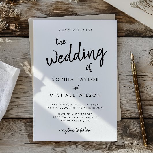 Moderne, feine Schrift Schwarz und Weiß Hochzeit Einladung