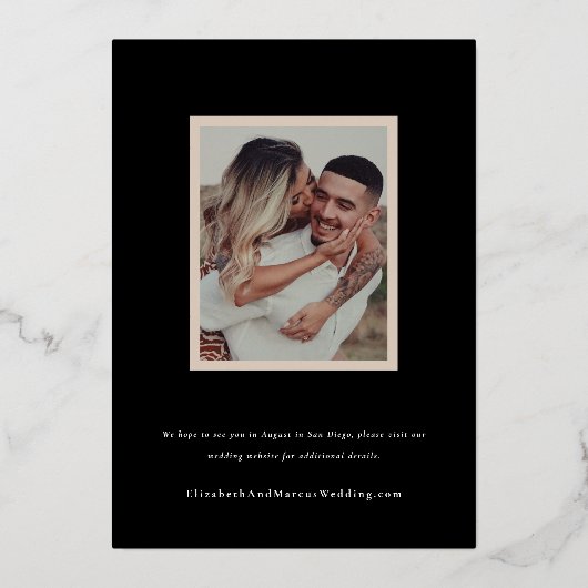 Moderne, feine Schwarz-Rose-Goldrahmen Save the Da Folieneinladung (Rückseite)