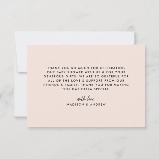 Moderne, feine Script Blush Baby Dusche Dankeskarte (Rückseite)