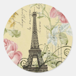 Moderne feminine Blumen Vintage Paris Eiffelturm Runder Aufkleber