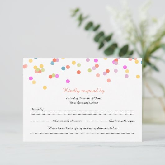 Moderne Festivals Confetti Wedding RSVP Cards (Stehend Vorderseite)