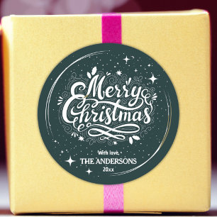 Moderne festliche dunkle aquamarin & weiß Frohe We Runder Aufkleber