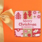 Moderne festliche niedliche Rot & Rosa Frohe Weihn Quadratischer Aufkleber