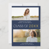 Moderne Fete Navy Foto Double Graduation Party Einladung (Rückseite)