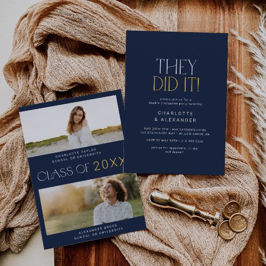 Moderne Fete Navy Foto Double Graduation Party Einladung