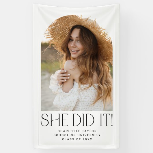 Moderne Fete Sie tat es Foto Arch Abschluss Banner (Vertikal)