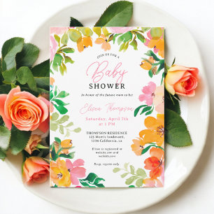 Moderne, fett orange-blumengeschilderte Babydusche Einladung