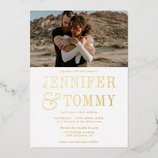 Moderne, fette Ampere und weiße 2 Fotos Hochzeit Folieneinladung (Vorderseite)