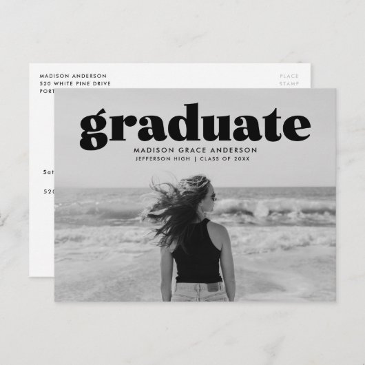 Moderne, fette Black Overlay Foto Graduation Party Postkarte (Vorne/Hinten)