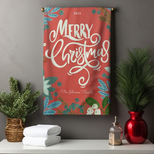 Moderne fette floral frohe Weihnachten Geschirrtuch