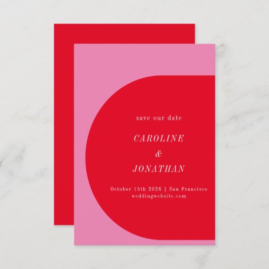 Moderne fette geometrische, hellrosa rote Hochzeit Save The Date (Vorne/Hinten)