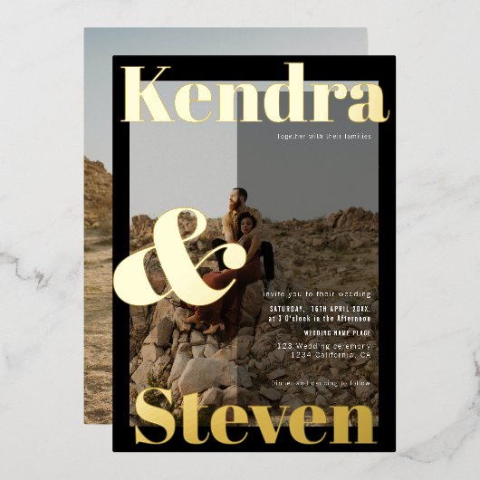 Moderne, fette Namen Schwarz-weiße Hochzeit des Fo Folieneinladung (Vorderseite/Rückseite)