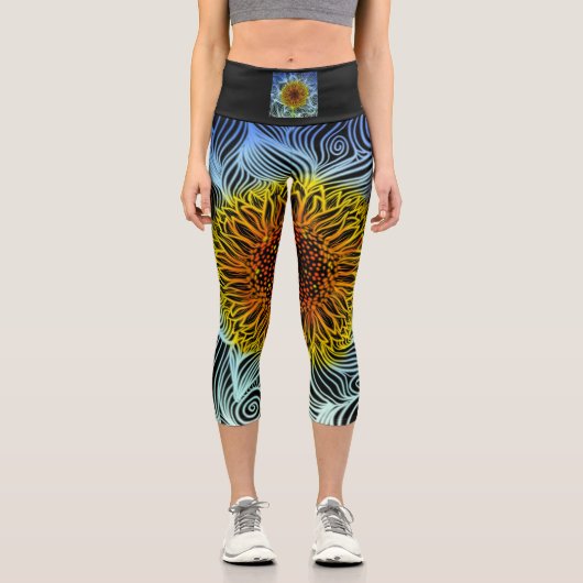 Moderne fette Neonsonnenblume Capri Leggings (Vorderseite)