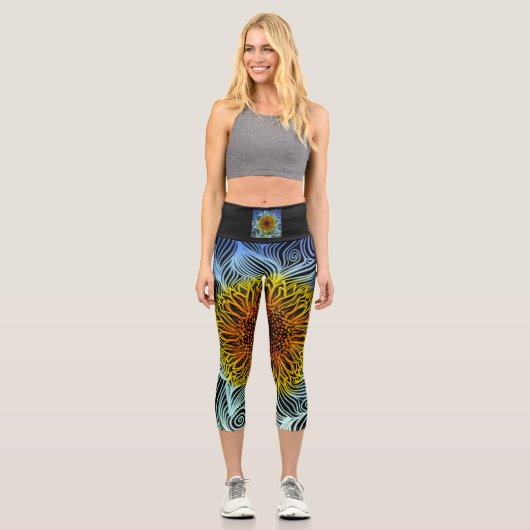 Moderne fette Neonsonnenblume Capri Leggings (Vorderseite)
