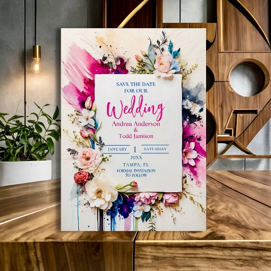 Moderne, fette Pinselstriche mit Blumenfarbe Save The Date