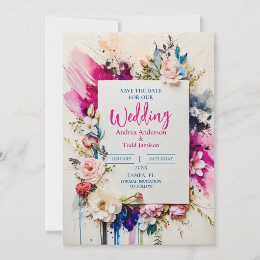 Moderne, fette Pinselstriche mit Blumenfarbe Save The Date (Vorderseite)