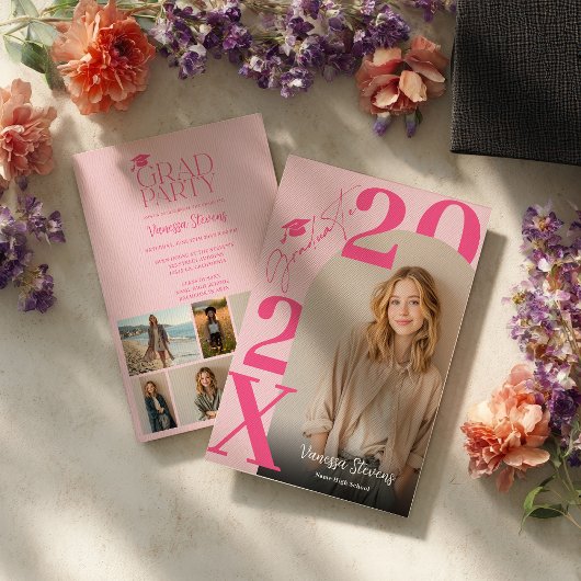 Moderne Fette Retro Rosa Trendige 6 Fotos Abschlus Einladung