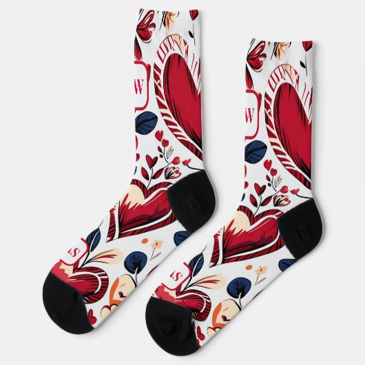 Moderne fette rote Herzen & blumenmonogramm Socken (Linkes Detail)