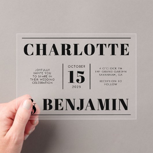 Moderne fette, schwarze, horizontale Hochzeit Acryleinladungen (Insitu (Handheld))